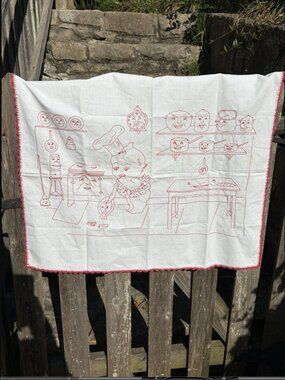 Vintage Style Redwork Anthropomorphism Kitchen Flour Sack Towel Cottage Kitschy